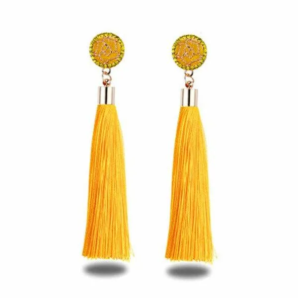 Yellow Tassel Fringe Rhinestone Earrings