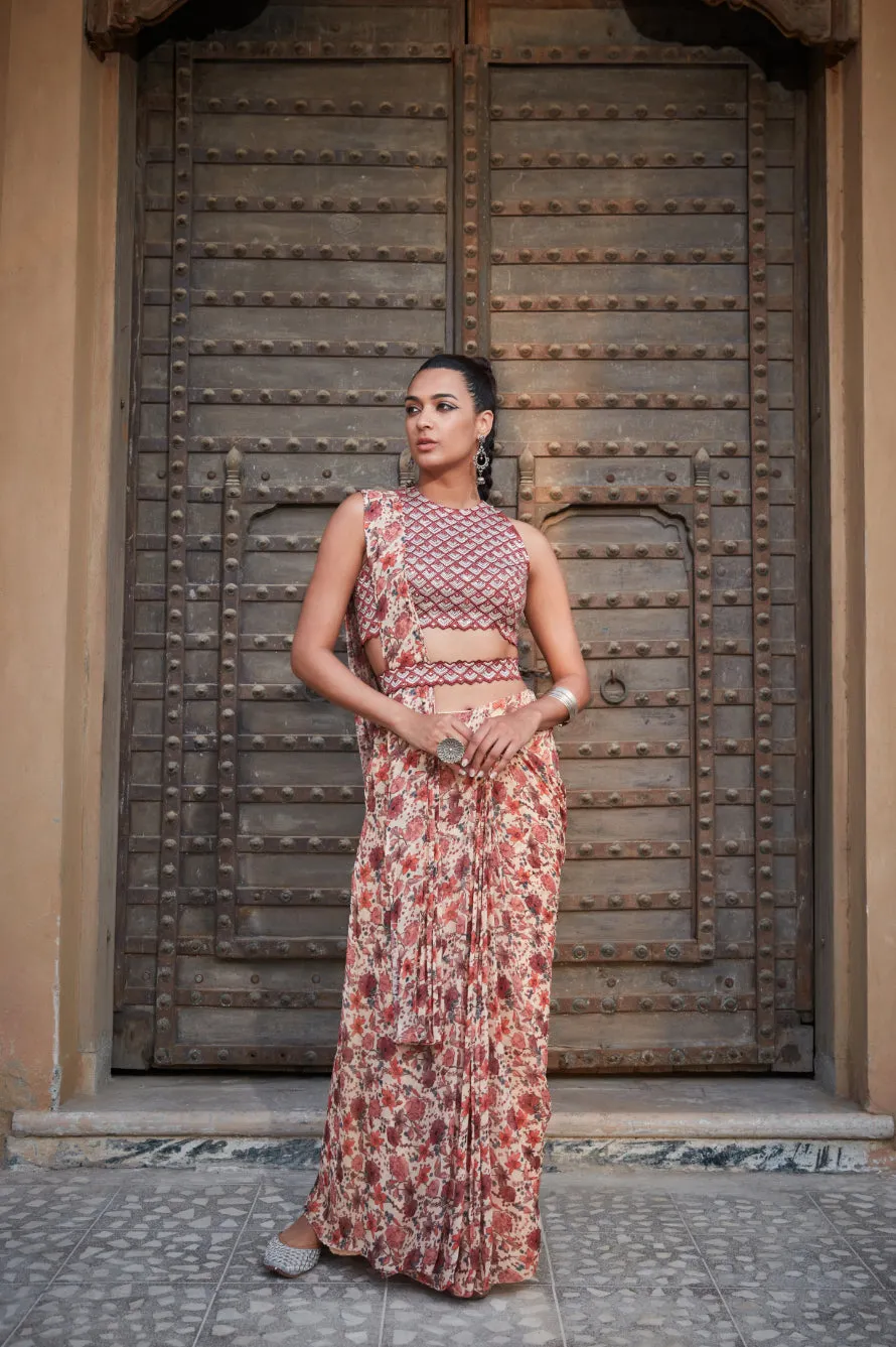 Zari- Printed Drape Saree Set