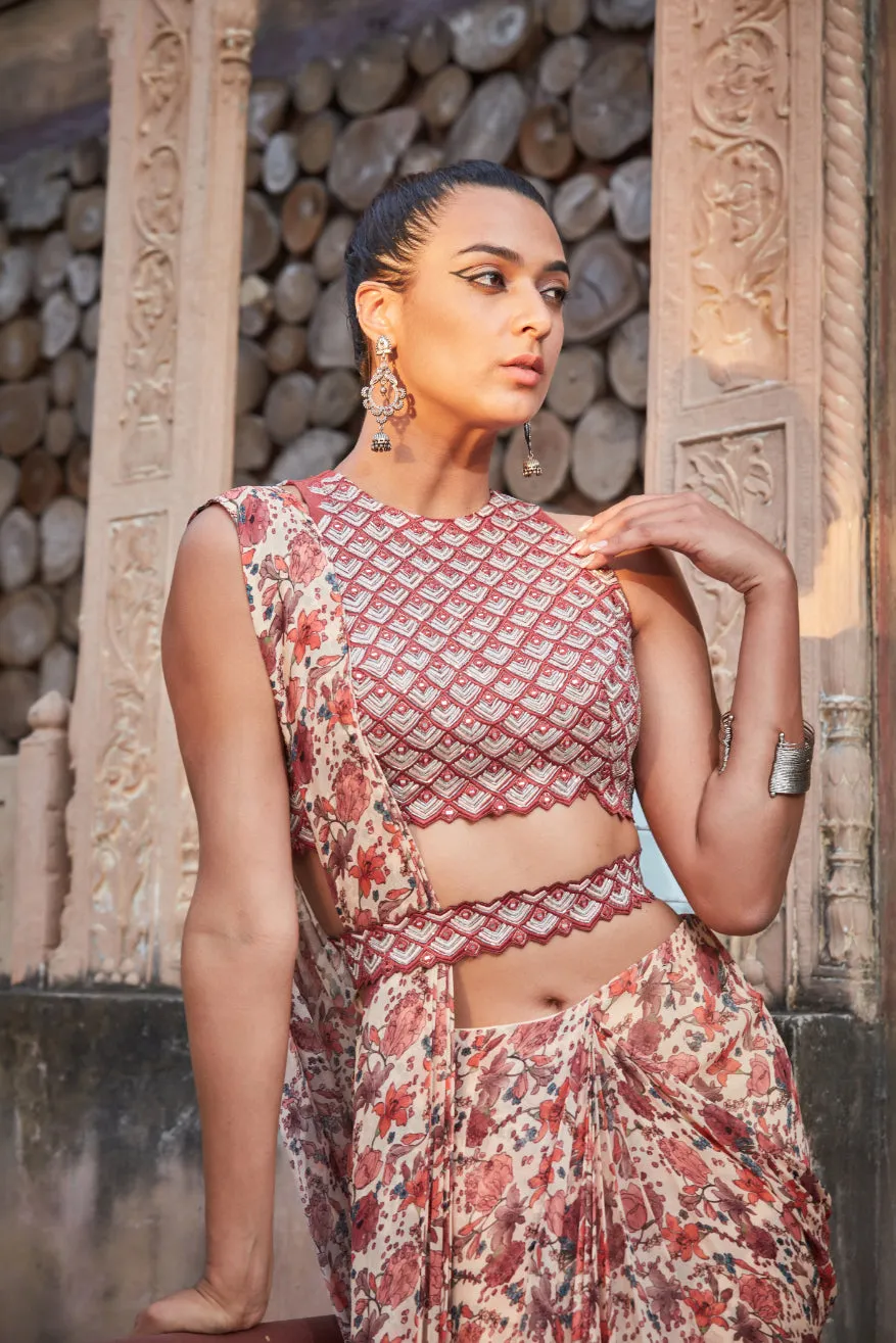 Zari- Printed Drape Saree Set