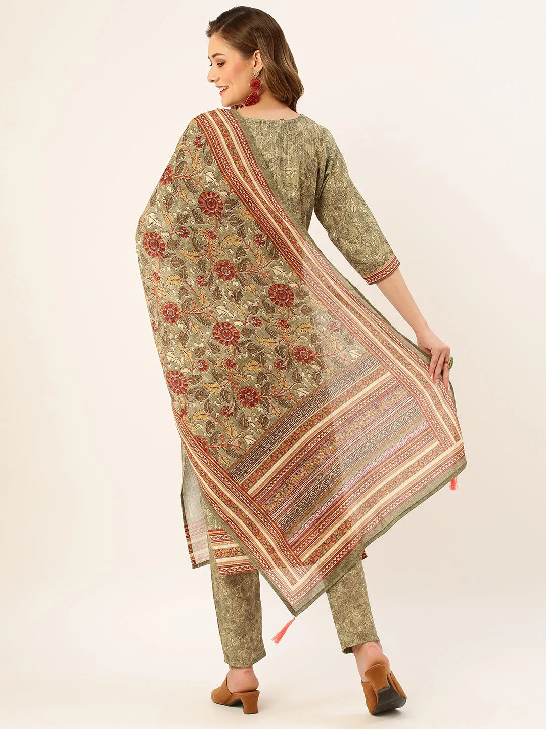ZOLA Round Neck Linen All Over Kalamkari Print Mehandi Straight Kurta Set with Dupatta For Women