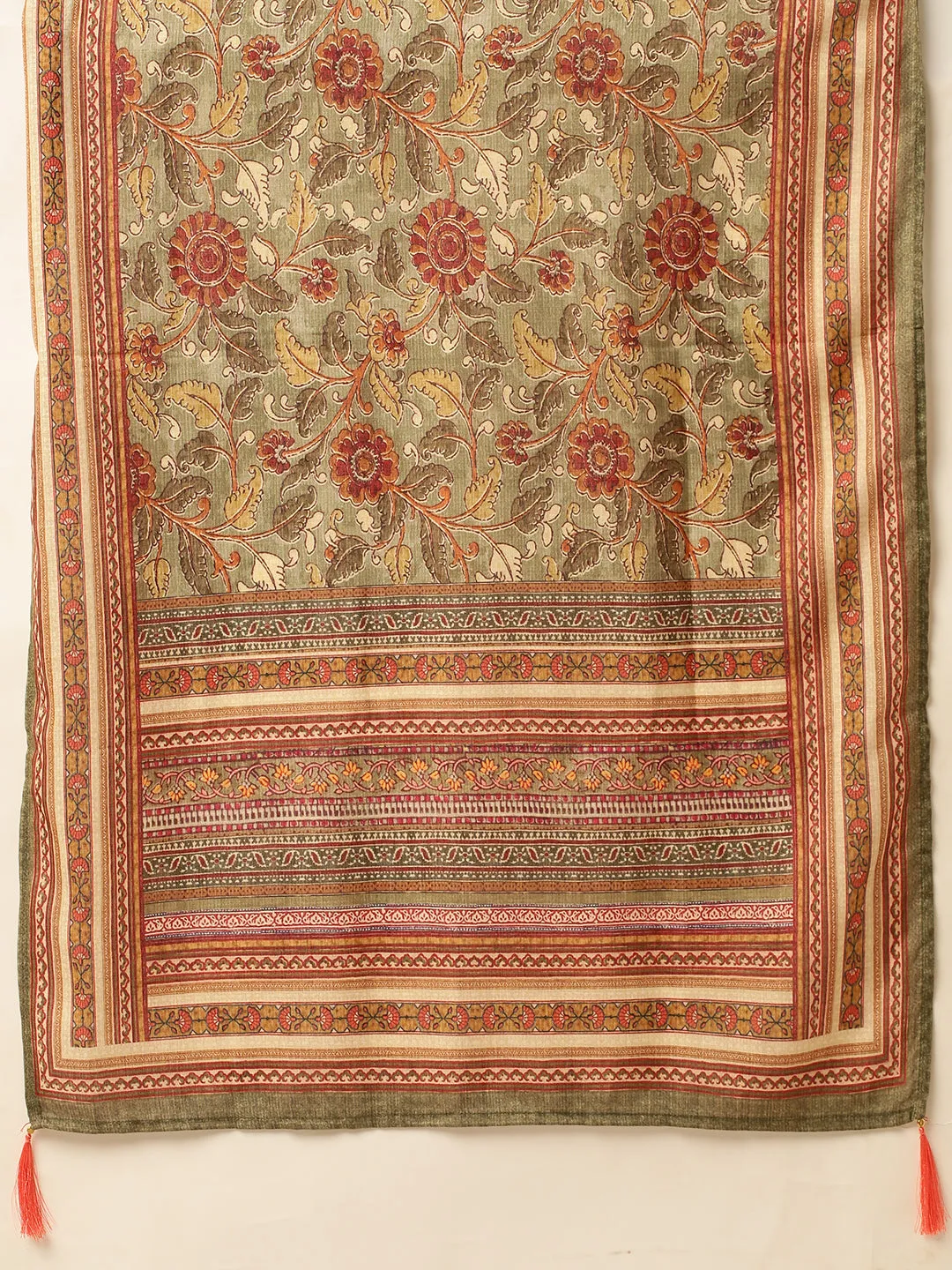 ZOLA Round Neck Linen All Over Kalamkari Print Mehandi Straight Kurta Set with Dupatta For Women