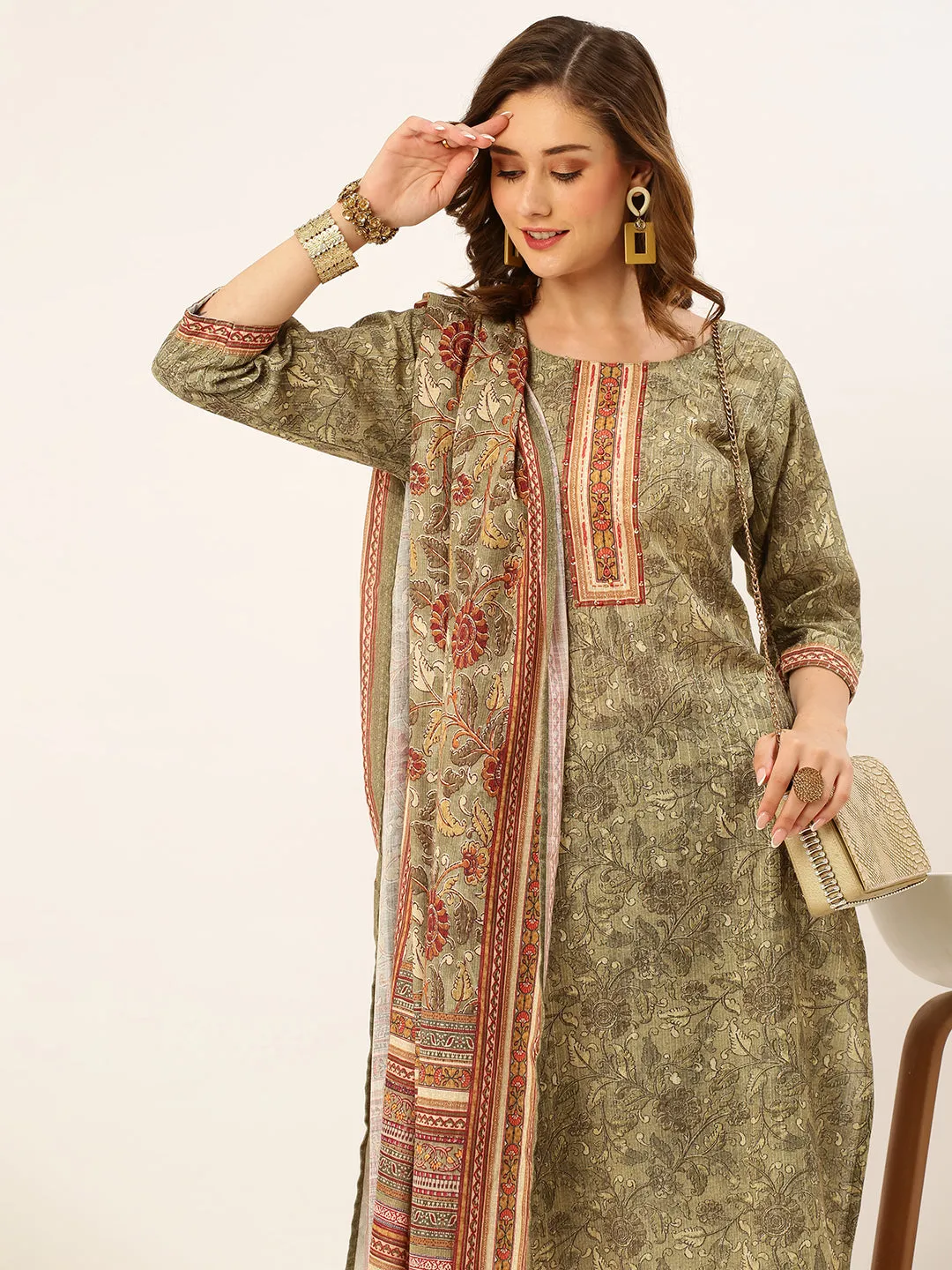 ZOLA Round Neck Linen All Over Kalamkari Print Mehandi Straight Kurta Set with Dupatta For Women