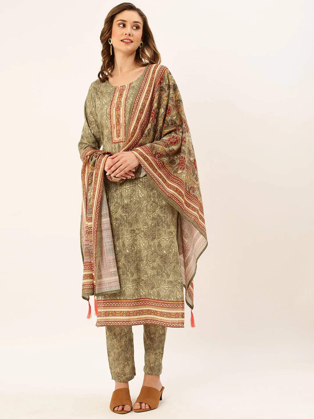 ZOLA Round Neck Linen All Over Kalamkari Print Mehandi Straight Kurta Set with Dupatta For Women