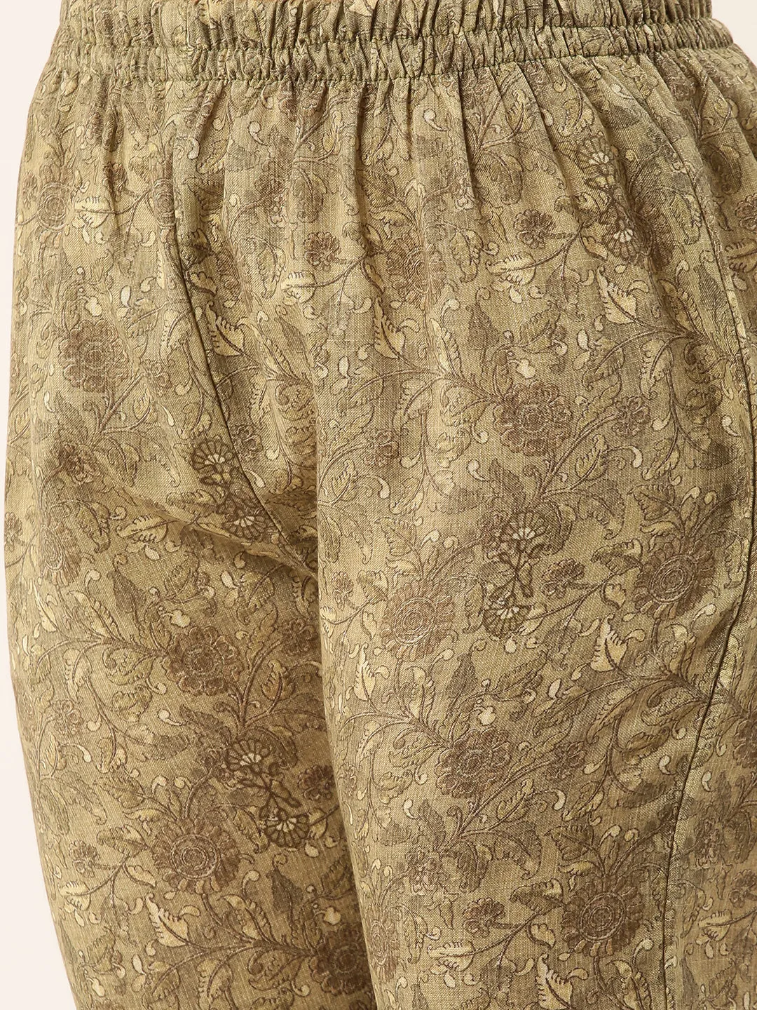 ZOLA Round Neck Linen All Over Kalamkari Print Mehandi Straight Kurta Set with Dupatta For Women
