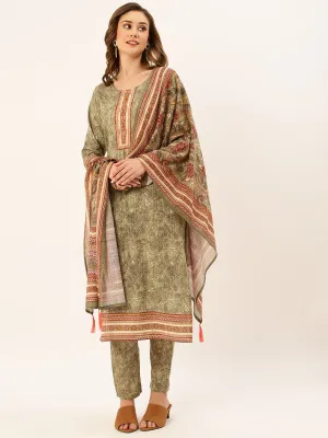 ZOLA Round Neck Linen All Over Kalamkari Print Mehandi Straight Kurta Set with Dupatta For Women
