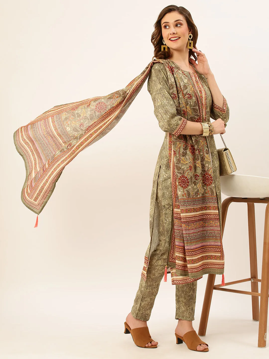 ZOLA Round Neck Linen All Over Kalamkari Print Mehandi Straight Kurta Set with Dupatta For Women