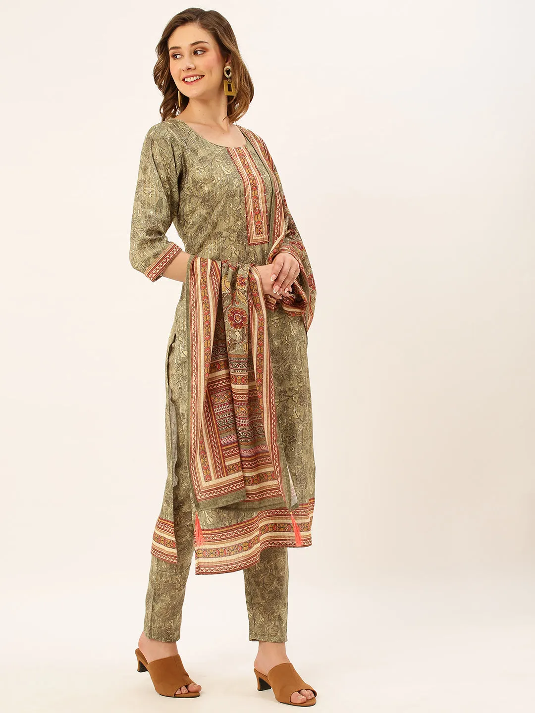 ZOLA Round Neck Linen All Over Kalamkari Print Mehandi Straight Kurta Set with Dupatta For Women
